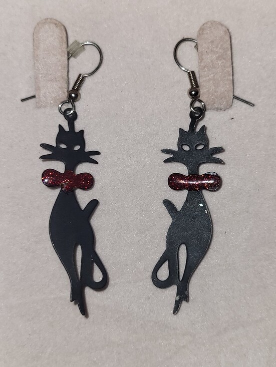 unmarked Jewelry - Vintage Mid Century Modern Atomic Black Cat Dangle Earrings Red Glitter Bow Tie